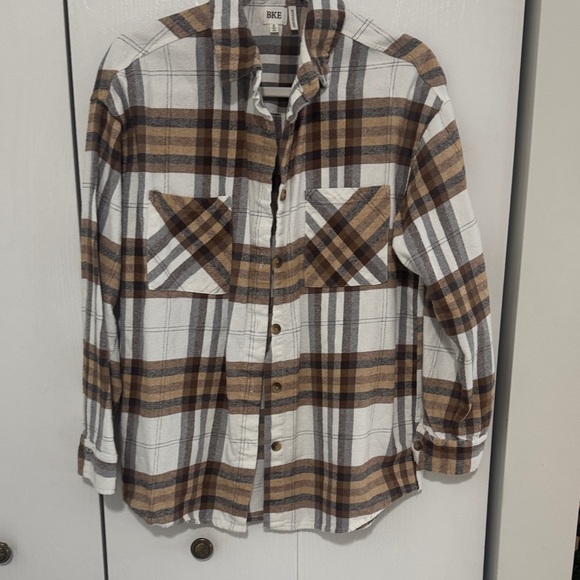 BKE Women's White and Brown Plaid Button Down Shirt - Picture 1 of 3